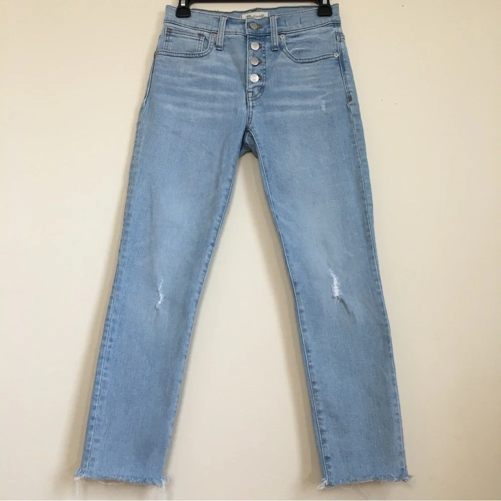 Madewell 9” High Rise Button Fly Light Blue Denim Raw Hem Cropped Skinny Jeans